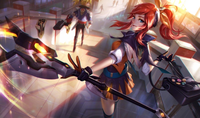 1girl, 2boys, alternate_breast_size, alternate_costume, alternate_eye_color, alternate_hair_color, alternate_hair_length, alternate_hairstyle, alternate_legwear, alternate_weapon, bag, battle_academia_ezreal, battle_academia_jayce, battle_academia_lux, black_thighhighs, blue_eyes, breasts, closed_mouth, cowboy_shot, ezreal, gloves, hair_ornament, hair_tie, hairclip, highres, holding, indoors, jayce_(league_of_legends), league_of_legends, light_rays, long_hair, looking_at_viewer, lux_(league_of_legends), multiple_boys, official_alternate_hairstyle, official_art, peeking, pin, pleated_skirt, ponytail, red_hair, scenery, school_bag, school_uniform, short_sleeves, skirt, smile, staff, stairs, standing, sunbeam, sunlight, thighhighs, wand, weapon, window