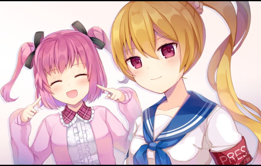 2girls, :d, ^_^, armband, bad_id, bad_pixiv_id, black_bow, blue_neckerchief