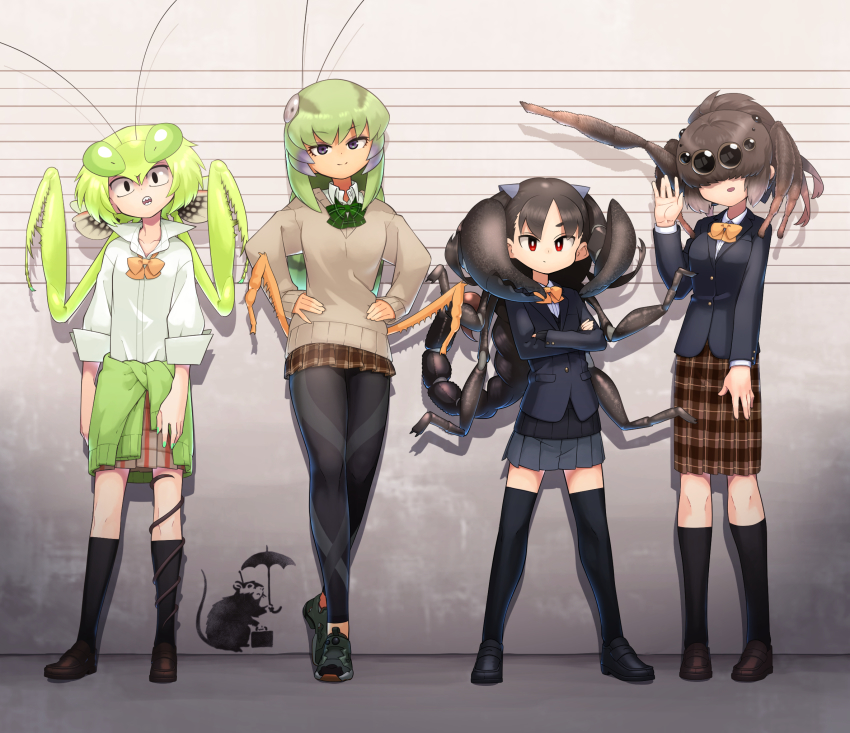 4girls, :/, :o, \||/, antennae, arm_at_side, arms_at_sides, arthropod_girl
