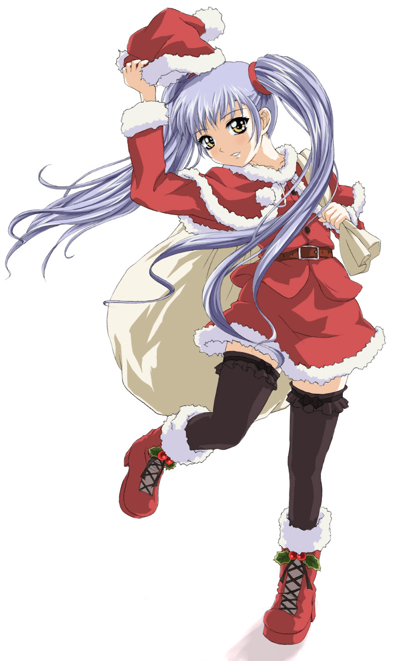 1girl, bag, black_thighhighs, boots, capelet, female_focus, floating_hair, fur-trimmed_boots, fur-trimmed_capelet, fur-trimmed_headwear, fur-trimmed_jacket, fur-trimmed_skirt, fur_trim, gift_bag, hair_ornament, hat, highres, holding, holding_bag, holding_unworn_clothes, holding_unworn_hat, hoshino_ruri, jacket, kagejou, kidou_senkan_nadesico, leg_up, long_hair, long_sleeves, looking_at_viewer, miniskirt, parted_lips, red_boots, red_capelet, red_hat, red_jacket, red_skirt, santa_boots, santa_costume, santa_hat, silver_hair, simple_background, skirt, solo, standing, standing_on_one_leg, thighhighs, unworn_hat, unworn_headwear, very_long_hair, white_background, yellow_eyes, zettai_ryouiki