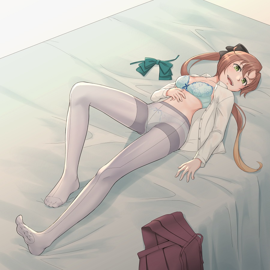 1girl, akigumo_(kancolle), bed, bra, breasts, brown_hair, crotch_seam, feet, female_focus, green_eyes, grey_pantyhose, kantai_collection, kito_3_tyoki-tyoki, long_hair, looking_at_viewer, lying, medium_breasts, on_back, open_mouth, panties, panties_under_pantyhose, pantyhose, ponytail, smile, solo, thighband_pantyhose, underwear