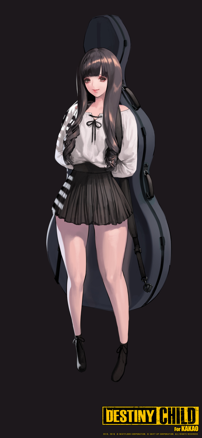 1girl, absurdres, ankle_boots, arms_behind_back, bare_shoulders, black_background, black_hair, blunt_bangs