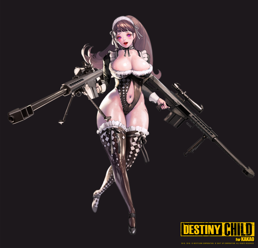 1girl, absurdres, anti-materiel_rifle, barrett_m82, black_background, black_ribbon, black_thighhighs, blush, bow, breasts, brown_hair, cleavage, collar, destiny_child, diagonal_bangs, dual_wielding, eyelashes, eyeshadow, female_focus, frilled_collar, frilled_sleeves, frilled_thighhighs, frills, full_body, gun, hair_bow, hair_ribbon, heart, heart-shaped_pupils, high_ponytail, highleg, highleg_leotard, highres, hildr_(destiny_child), holding, holding_gun, holding_weapon, hyulla, large_breasts, leotard, lipstick, long_hair, long_sleeves, looking_at_viewer, maid, maid_headdress, makeup, nail_polish, navel, neck_ribbon, official_art, open_mouth, ponytail, purple_eyes, ribbon, ribbon-trimmed_legwear, ribbon_trim, rifle, shoes, simple_background, sniper_rifle, solo, standing, symbol-shaped_pupils, thick_thighs, thighhighs, thighs, weapon