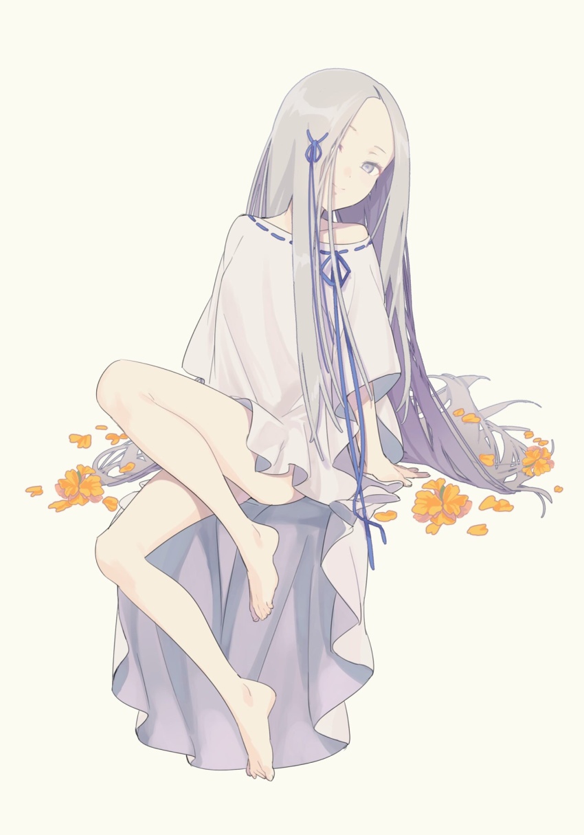1girl, arm_support, ass, barefoot, blue_ribbon, dress, female_focus, flower, full_body, grey_eyes, hair_over_one_eye, hair_ribbon, highres, invisible_chair, long_dress, long_hair, looking_at_viewer, masuji, no_panties, orange_flower, pandora_(re:zero), re:zero_kara_hajimeru_isekai_seikatsu, ribbon, ribbon-trimmed_dress, ribbon_trim, silver_dress, silver_hair, simple_background, sitting, smile, solo, very_long_hair, white_dress