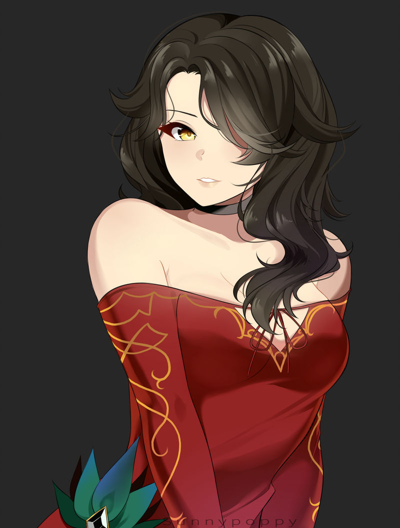 1girl, artist_name, bare_shoulders, black_background, black_choker, black_hair, breasts, choker, cinder_fall, cleavage, dress, female_focus, grin, hair_over_one_eye, jpeg_artifacts, lips, long_hair, orange_eyes, red_dress, rwby, simple_background, smile, solo, strapless, strapless_dress, sunnypoppy, yellow_eyes