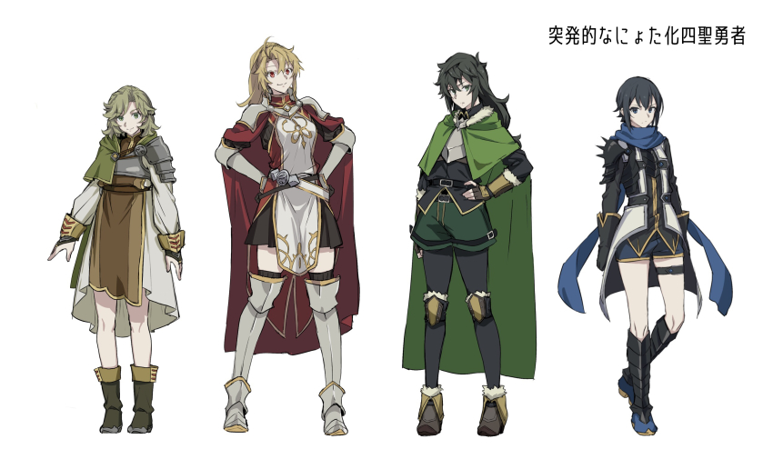 4girls, ahoge, amaki_ren, armor, armored_boots, belt, black_belt, black_dress