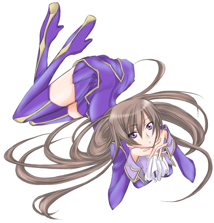 00s, 1girl, black_hair, boots, code_geass, female_focus, genderswap, genderswap_(mtf), head_rest, high_heels, long_hair, looking_at_viewer, luluko, purple_eyes, ruruko, shoes, simple_background, solo, suzuki_shia, thigh_boots, thighhighs, white_background, zero_(code_geass), zettai_ryouiki