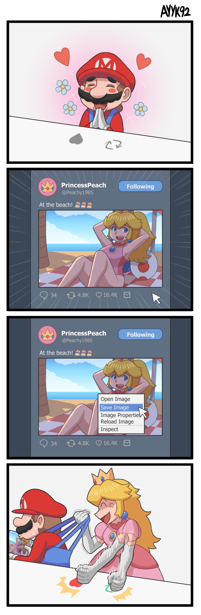 4koma, anger_vein, ayyk92, beach, blonde_hair, bongo_cat_(meme), brown_hair, comic