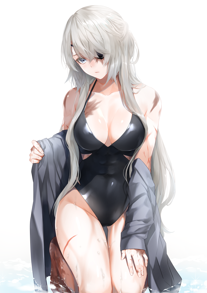 1girl, abs, black_one-piece_swimsuit, blue_eyes, breasts, cameltoe, collarbone, commentary_request, expressionless, eyepatch, female_focus, gluteal_fold, hand_on_thigh, hand_up, highleg, highleg_one-piece_swimsuit, jacket, kneeling, kneeling_on_water, knees_together_feet_apart, long_hair, long_sleeves, looking_at_viewer, medium_breasts, navel, off_shoulder, one-eyed, one-piece_swimsuit, original, scar, shiny_clothes, shiny_skin, short_hair, sidelocks, silver_hair, simple_background, solo, swimsuit, thigh_gap, toned, very_long_hair, waka_(shark_waka), water