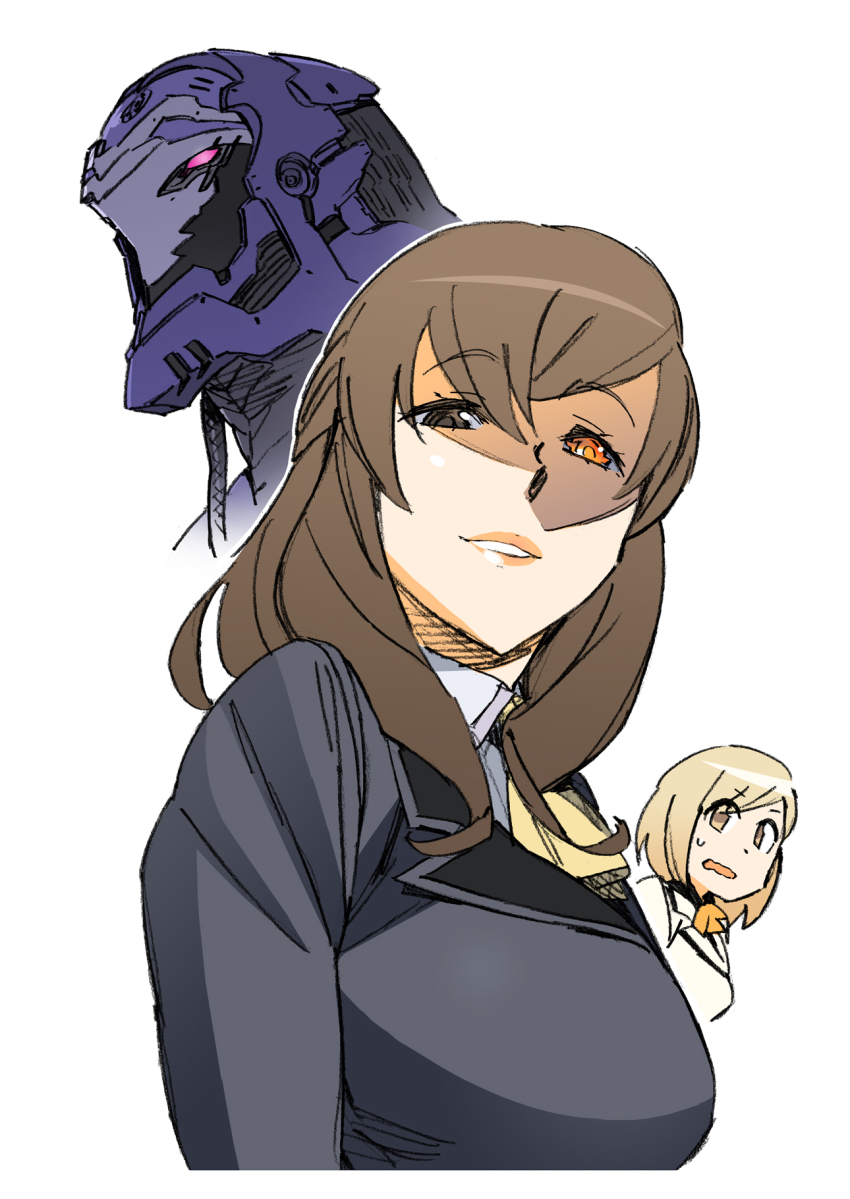 00s, 2girls, bad_id, bad_pixiv_id, blazer, breasts, brown_eyes, brown_hair