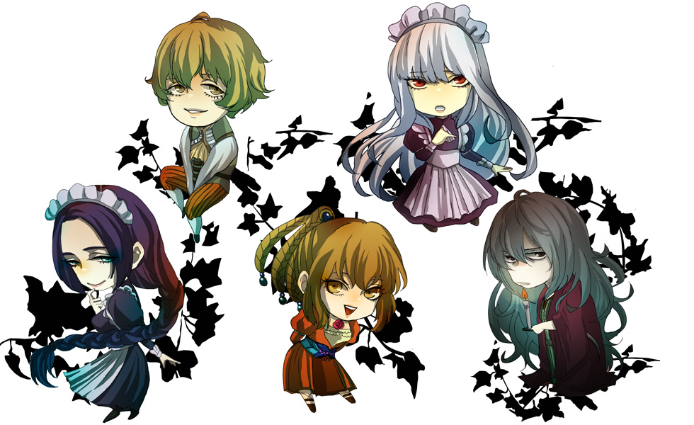 2boys, 3girls, fata_morgana_no_yakata, giselle_(fata_morgana_no_yakata), maid, mell_rhodes, michel_bollinger, multiple_boys