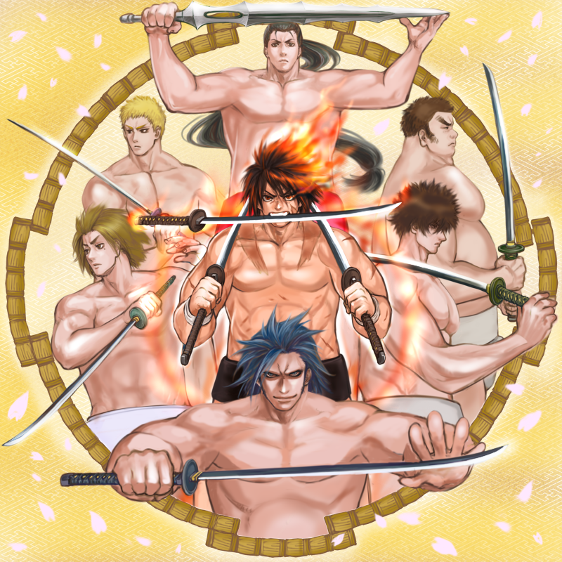 6+boys, black_hair, blonde_hair, blue_hair, brown_hair, dual_wielding, fire, hair_over_eyes, hikage_tenma, hinomaru_zumou, holding, holding_sword, holding_weapon, kanou_akihira, katana, kotobuki_jun, kuze_sousuke, long_hair, looking_at_viewer, looking_to_the_side, male_focus, mawashi, mouth_hold, multiple_boys, muscular, nochi_kazuoki, over_shoulder, ponytail, red_hair, sada_mizuki, scar, sideburns, simple_background, sumo, sword, teeth_hold, tennouji_shidou, topless_male, ushio_hinomaru, weapon, yellow_background