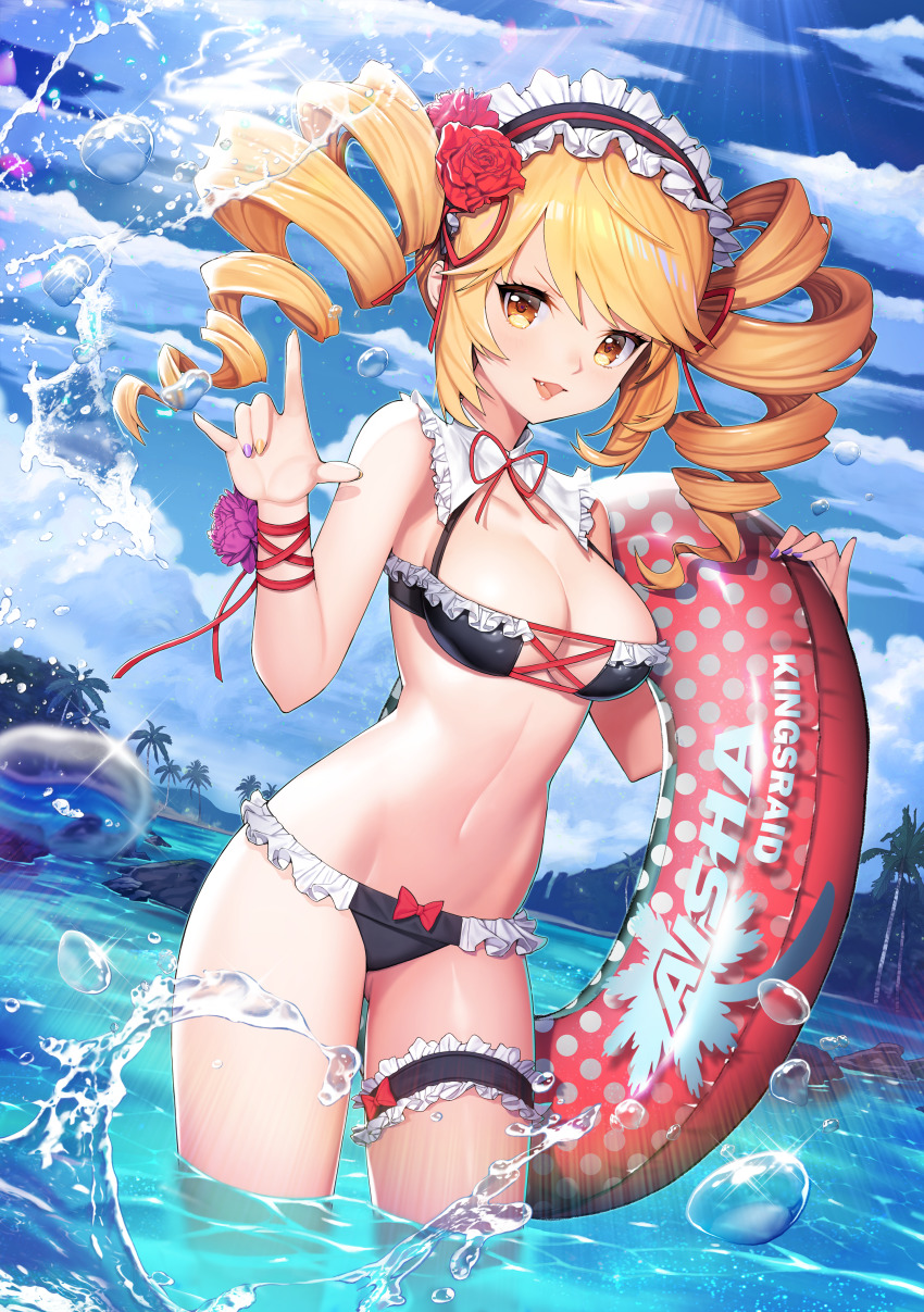 1girl, :d, absurdres, aisha_(king's_raid), applying_manicure, bikini, black_bikini, blonde_hair