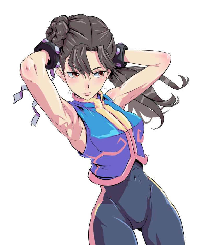1girl, alternate_costume, armpits, arms_behind_head, arms_up, bare_shoulders, black_hair, bracelet, breasts, brown_eyes, capcom, chun-li, closed_mouth, commentary_request, female_focus, hair_bun, highres, jewelry, long_hair, medium_breasts, o_sho, simple_background, single_hair_bun, solo, spiked_bracelet, spikes, street_fighter, street_fighter_zero_(series), white_background