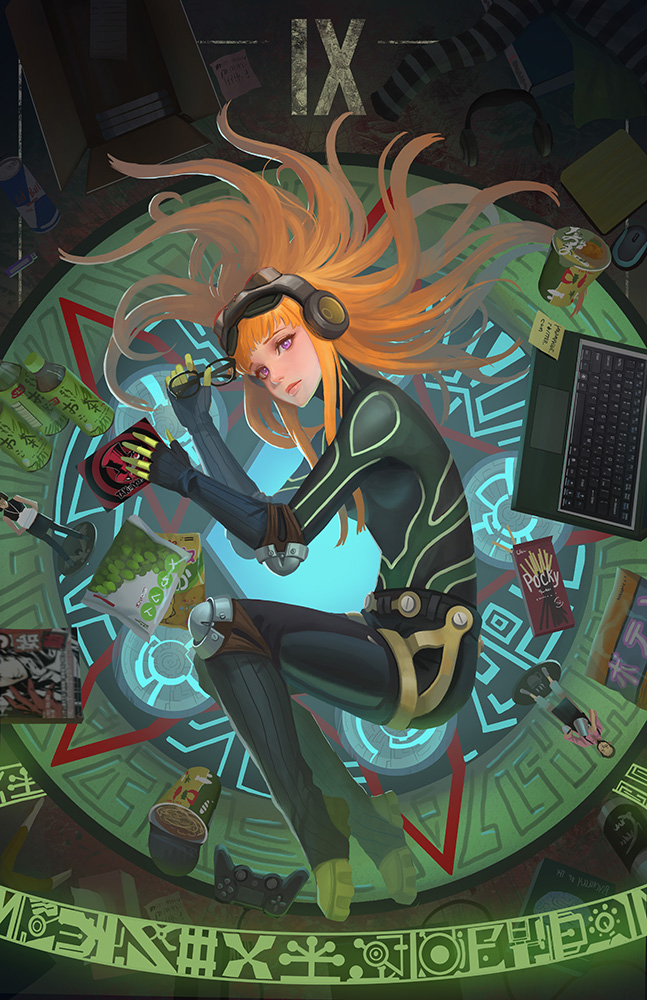 1girl, bag, bodysuit, bottle, character_doll, clothes, computer, computer_mouse