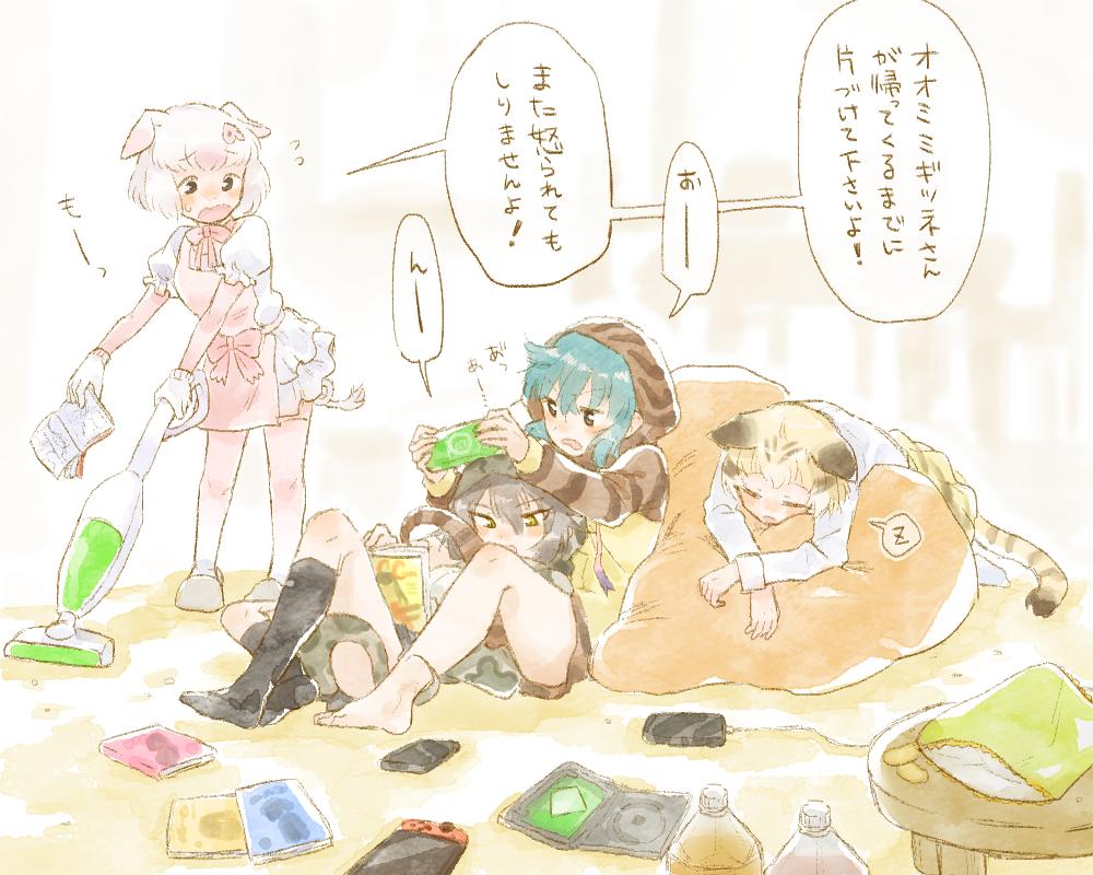 4girls, adapted_costume, animal_ears, animal_print, apron, barefoot, bean_bag_chair, black_legwear