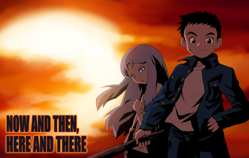 1boy, 1girl, black_hair, blue_eyes, blue_hair, closed_mouth, commentary_request, ima_soko_ni_iru_boku