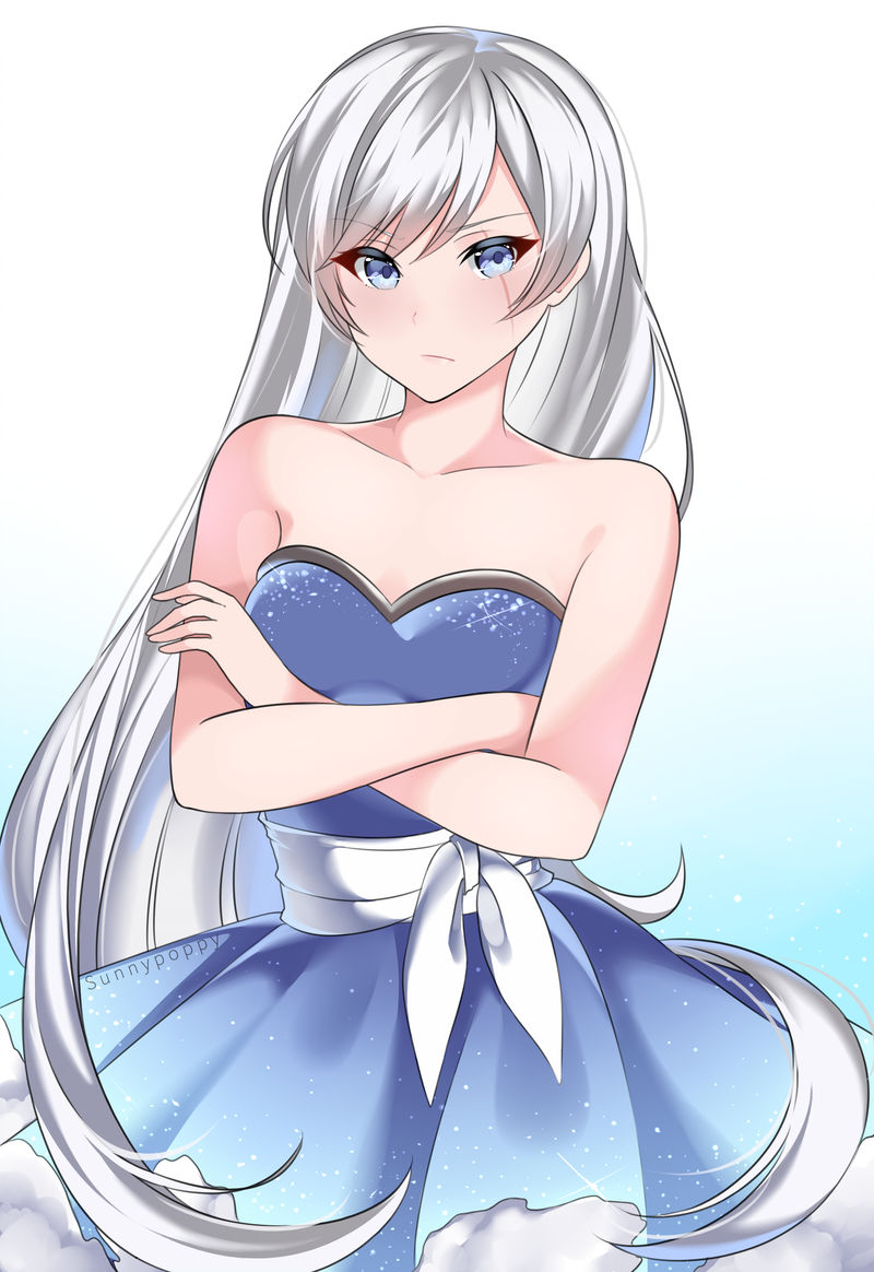 1girl, alternate_hairstyle, artist_name, bare_arms, blue_background, blue_dress, blue_eyes, blush