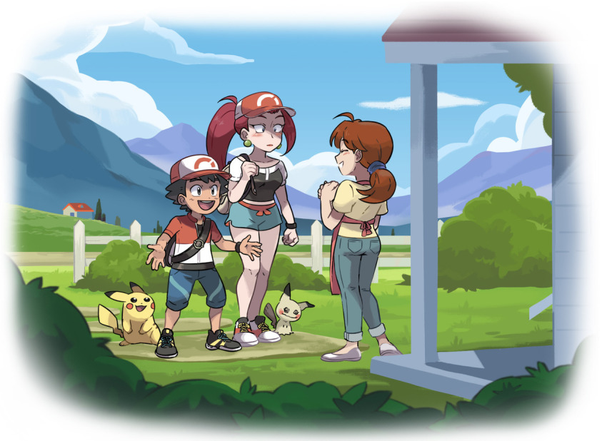 1boy, 2girls, alternate_universe, apron, ash_ketchum, baseball_cap, black_hair, blue_sky, blush, brown_hair, bush, chase_(pokemon), chase_(pokemon)_(cosplay), closed_eyes, cloud, cloudy_sky, commentary, cosplay, day, delia_ketchum, denim, elaine_(pokemon), elaine_(pokemon)_(cosplay), english_commentary, gen_1_pokemon, gen_7_pokemon, hat, house, jeans, jessie_(pokemon), kiana_mai, mimikyu, mother_and_child, mother_and_son, multiple_girls, nintendo, pants, parent_and_child, pikachu, pokemon, pokemon_(anime), pokemon:_let's_go_pikachu!_and_let's_go_eevee!, ponytail, red_hair, shoes, shorts, sky, sneakers, yuri