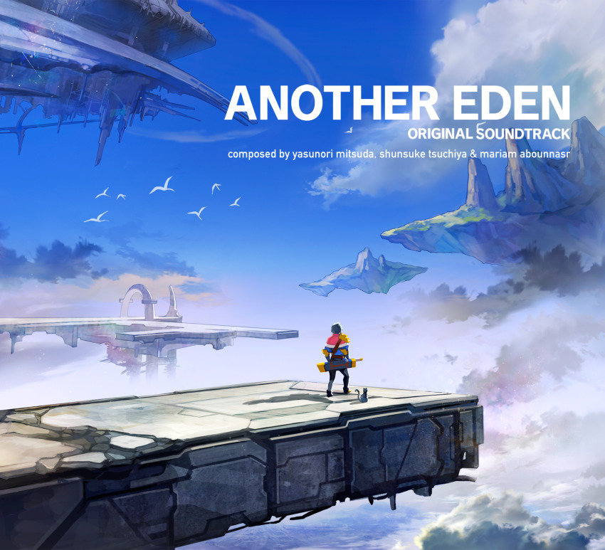 1boy, album_cover, aldo_(another_eden), another_eden, bird, black_hair, blue_sky, cat