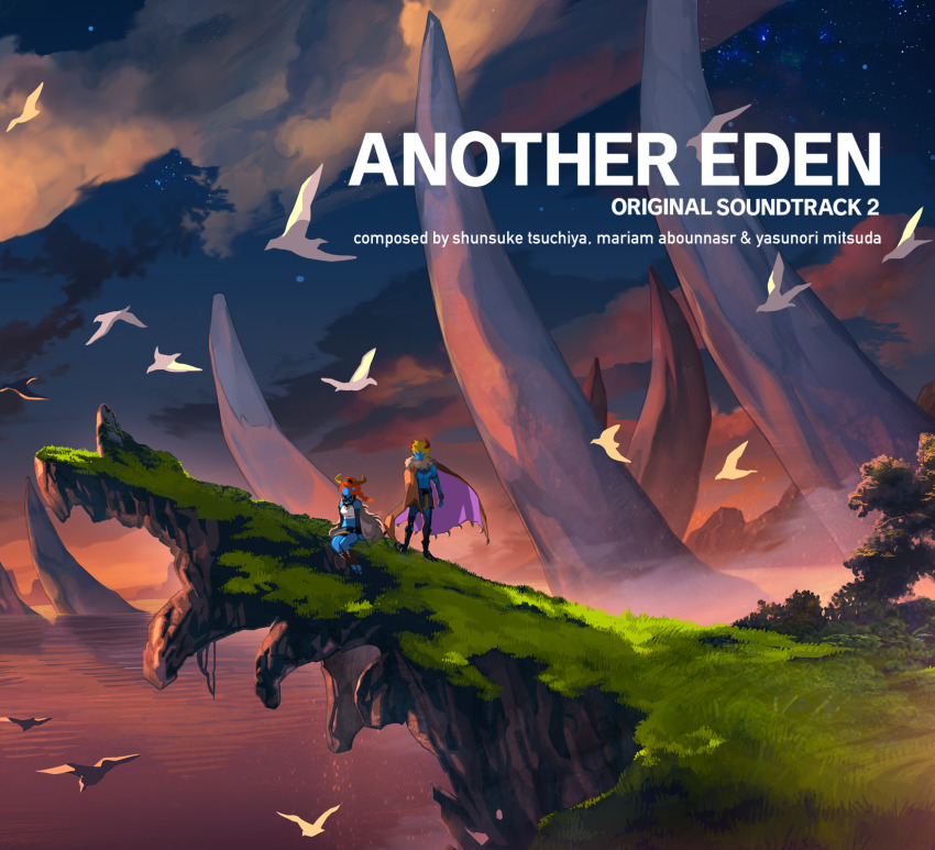 1boy, 1girl, album_cover, altena_(another_eden), another_eden, bird, cape, cliff, cloud, copyright_name, cover, english_text, flock, grass, guildna_(another_eden), highres, landscape, ocean, official_art, outdoors, scenery, siblings, sky, star_(sky), starry_sky, sunset, water