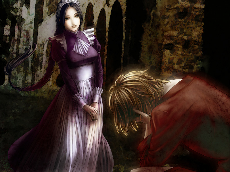 1boy, 1girl, fata_morgana_no_yakata, giselle_(fata_morgana_no_yakata), mell_rhodes, moyataro, official_art