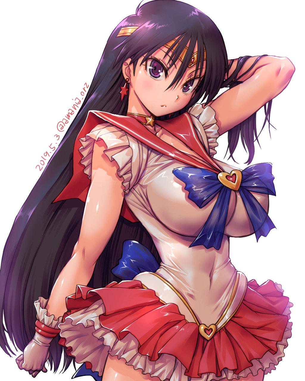 1girl, adapted_costume, alternate_breast_size, amania_orz, back_bow, bishoujo_senshi_sailor_moon, black_hair, blue_bow, bow, breasts, brooch, choker, circlet, commentary_request, covered_navel, earrings, elbow_gloves, female_focus, gloves, heart, heart_brooch, highres, hino_rei, impossible_clothes, inner_senshi, jewelry, large_breasts, leotard, long_hair, looking_at_viewer, pleated_skirt, purple_eyes, red_choker, red_sailor_collar, sailor_collar, sailor_mars, sailor_senshi, sailor_senshi_uniform, shiny_skin, simple_background, skin_tight, skirt, solo, standing, star_(symbol), star_choker, white_background, white_gloves, white_leotard