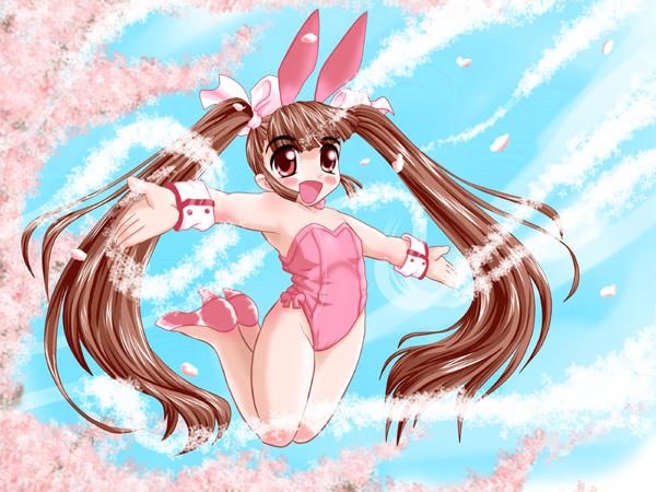 1girl, animal_ears, bare_legs, brown_eyes, brown_hair, cherry_blossoms, fake_animal_ears, female_focus