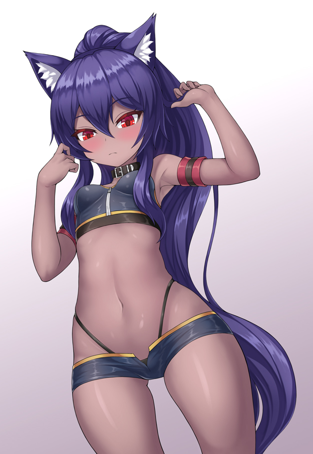 1girl, animal_ear_fluff, animal_ears, arm_strap, arm_up, armpits, bare_shoulders, black_panties
