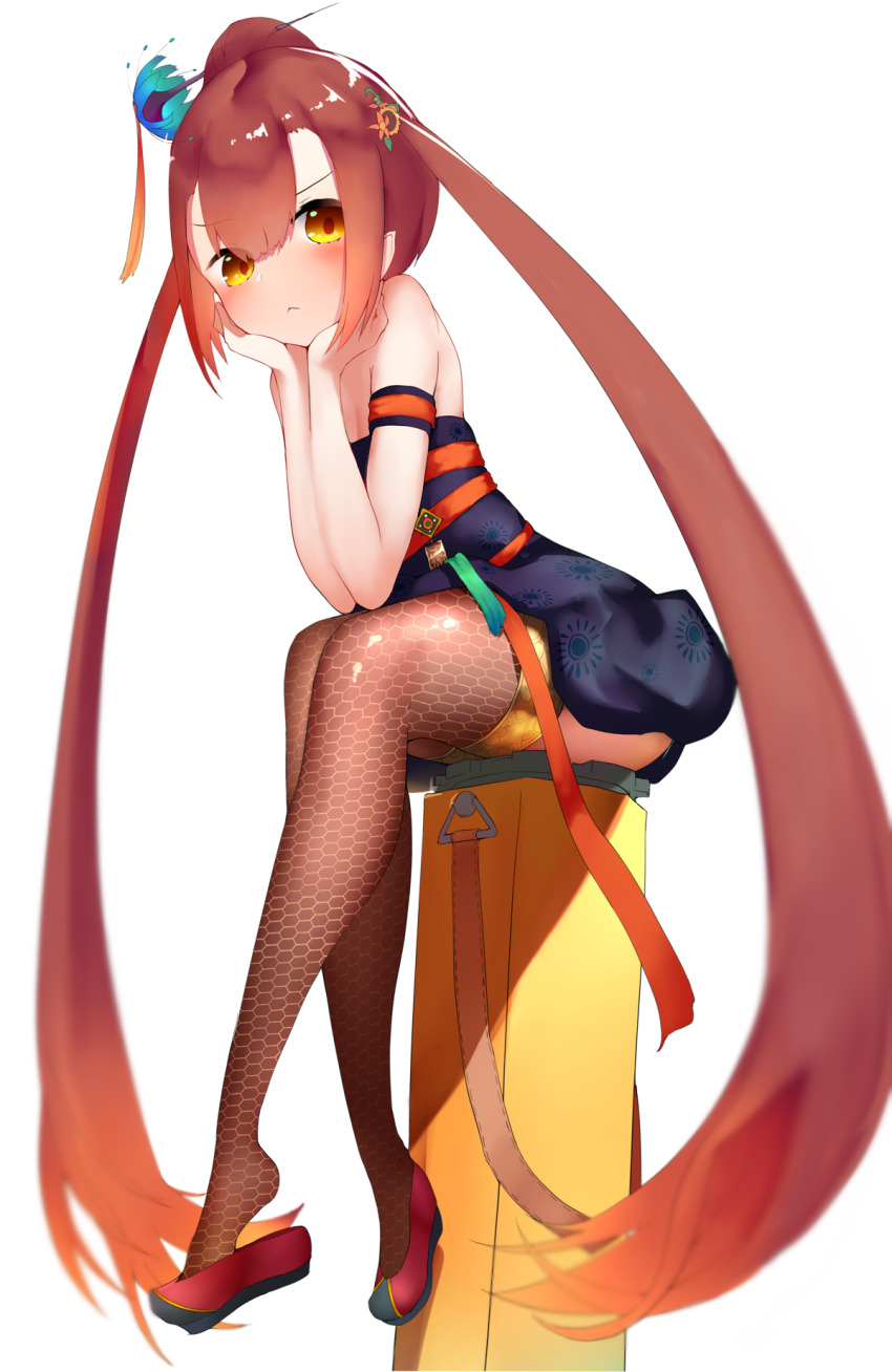 1girl, :<, armband, bare_shoulders, black_dress, blurry, blush, boruhis, brown_thighhighs, closed_mouth, commentary_request, depth_of_field, destiny_child, dress, female_focus, fishnet_thighhighs, fishnets, flower, frown, full_body, hair_between_eyes, hair_flower, hair_ornament, hair_stick, hands_on_own_face, head_rest, highres, jacheongbi_(destiny_child), long_hair, looking_at_viewer, orange_eyes, print_dress, red_hair, red_shoes, shoes, short_dress, sidelocks, simple_background, sitting, solo, strapless, strapless_dress, thighhighs, twintails, v-shaped_eyebrows, very_long_hair, white_background