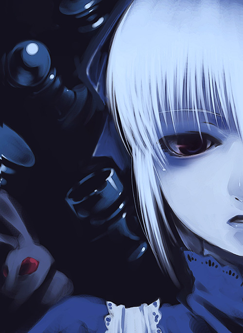 1girl, alice_(monster_girl_encyclopedia), blue_theme, board_game, chess, female_focus, lace, looking_at_viewer