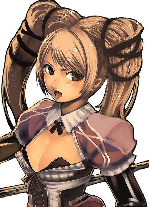 1girl, breasts, brown_eyes, brown_hair, claire, claire_(granado_espada), cleavage, female_focus, granado_espada, hair_ribbon, lace, long_hair, medium_breasts, open_mouth, ribbon, solo, tasahin, tasaka_shinnosuke, twintails