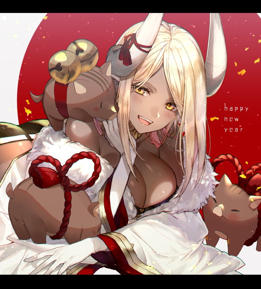 1girl, ass, bell, blonde_hair, boar, breasts, cleavage, dark-skinned_female