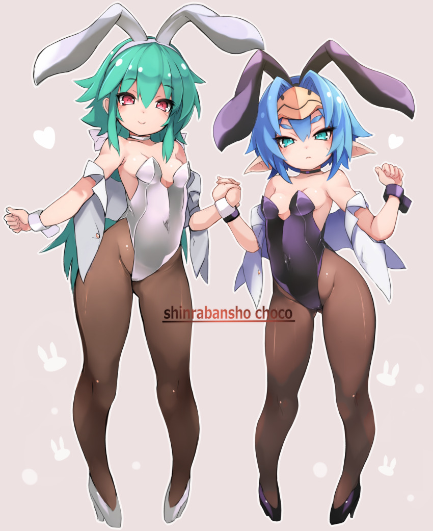 2girls, animal_ears, aqua_eyes, bare_shoulders, black_choker, black_footwear, black_hairband, black_leotard