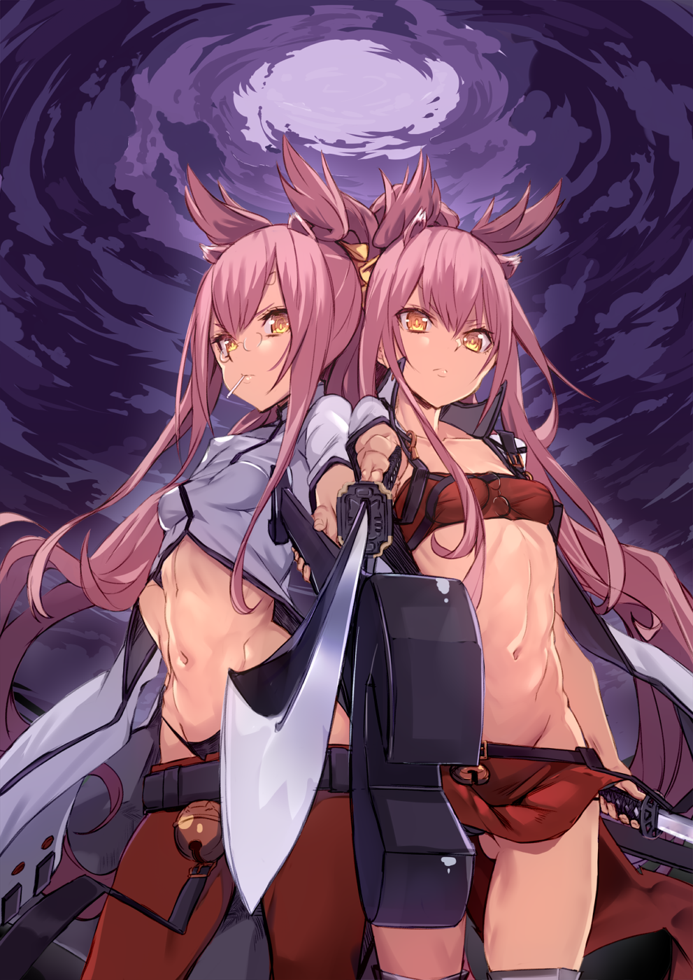 2girls, aiming, aiming_at_viewer, animal_ears, bell, blazblue, breasts, candy