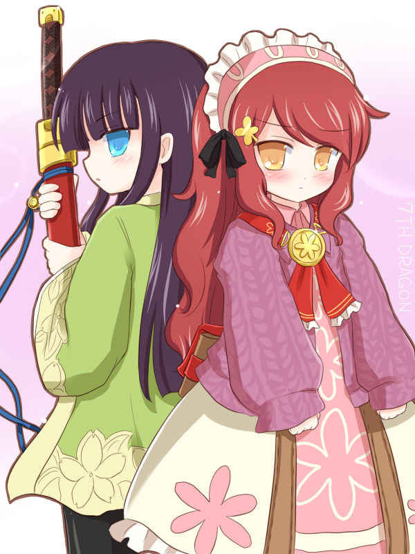 7th_dragon, 7th_dragon_(series), healer_(7th_dragon), japanese_clothes, kimono, purple_hair, ran_(7th_dragon), red_hair