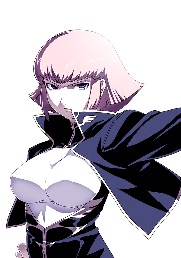 1girl, angry, breasts, cropped_jacket, female_focus, gundam, haman_karn, hand_on_own_hip