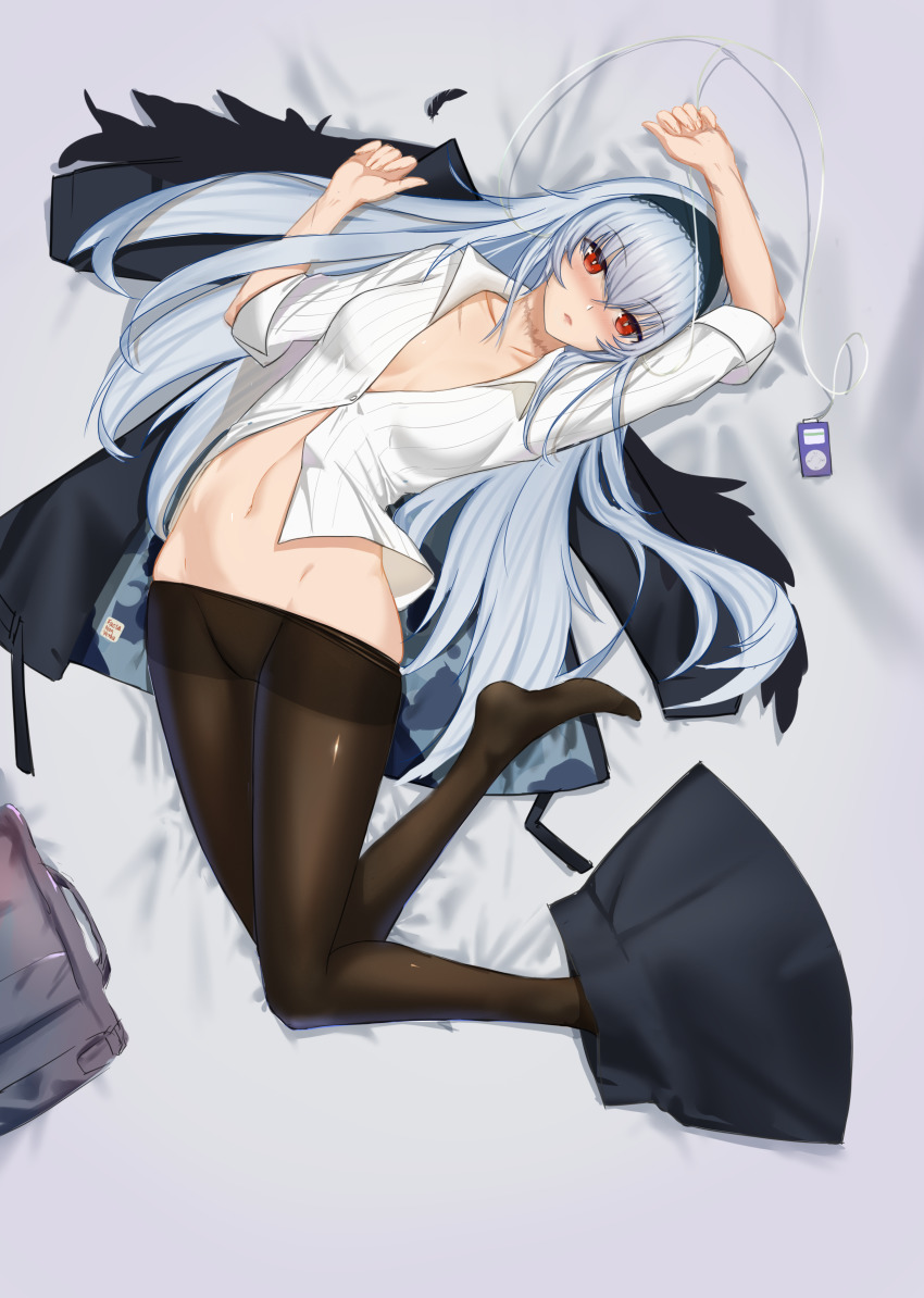 1girl, absurdres, anming, bag, black_feathers, black_hairband, black_pantyhose, blush