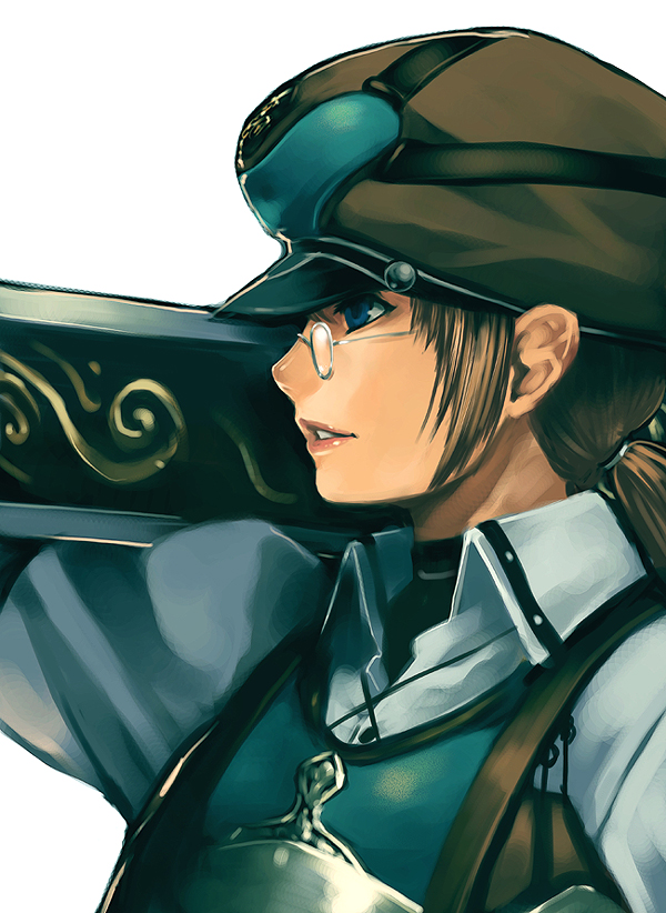 1girl, blue_eyes, brown_hair, collar, female_focus, glasses, granado_espada, hat