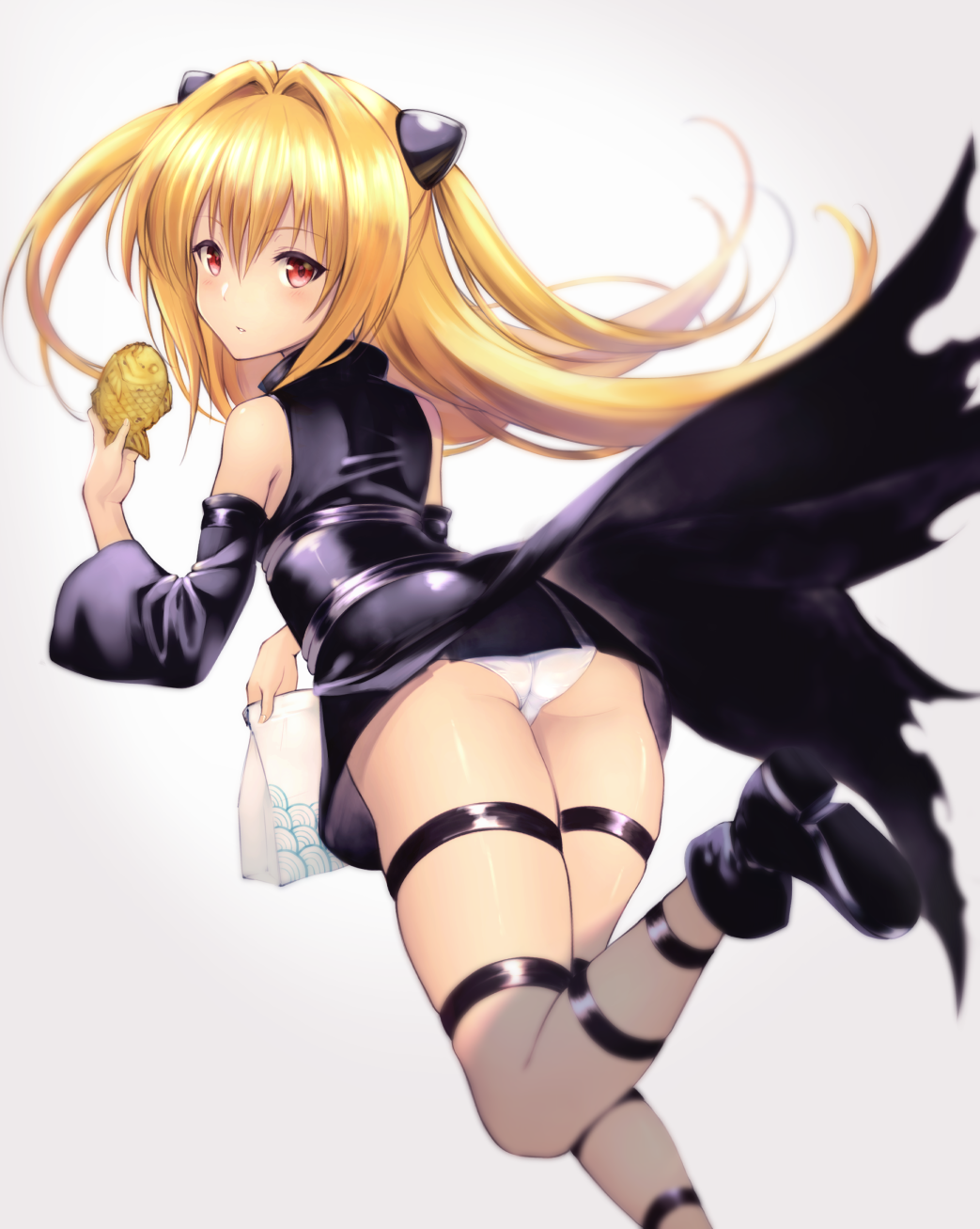 ass, bare_legs, bare_shoulders, black_dress, blonde_hair, chokuro, commentary_request, detached_sleeves