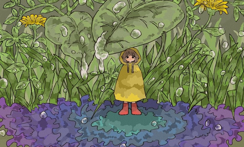1girl, black_eyes, boots, brown_hair, drawstring, female_focus, flower, grass, hood, hood_up, leaf, looking_at_viewer, mini_person, minigirl, original, plant, red_boots, sakura_szm, solo, standing, water, water_drop, wide_shot, yellow_flower