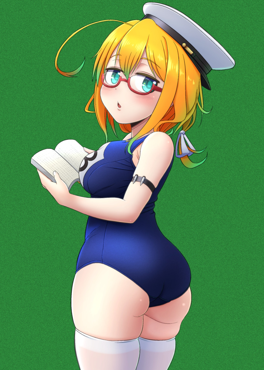 1girl, :o, armband, ass, back, blonde_hair, blue_eyes, blue_one-piece_swimsuit