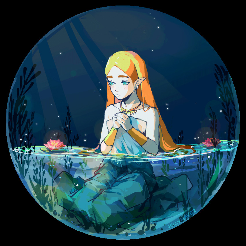 1girl, aqua_eyes, artist_name, blonde_hair, blush, circle, dress, female_focus