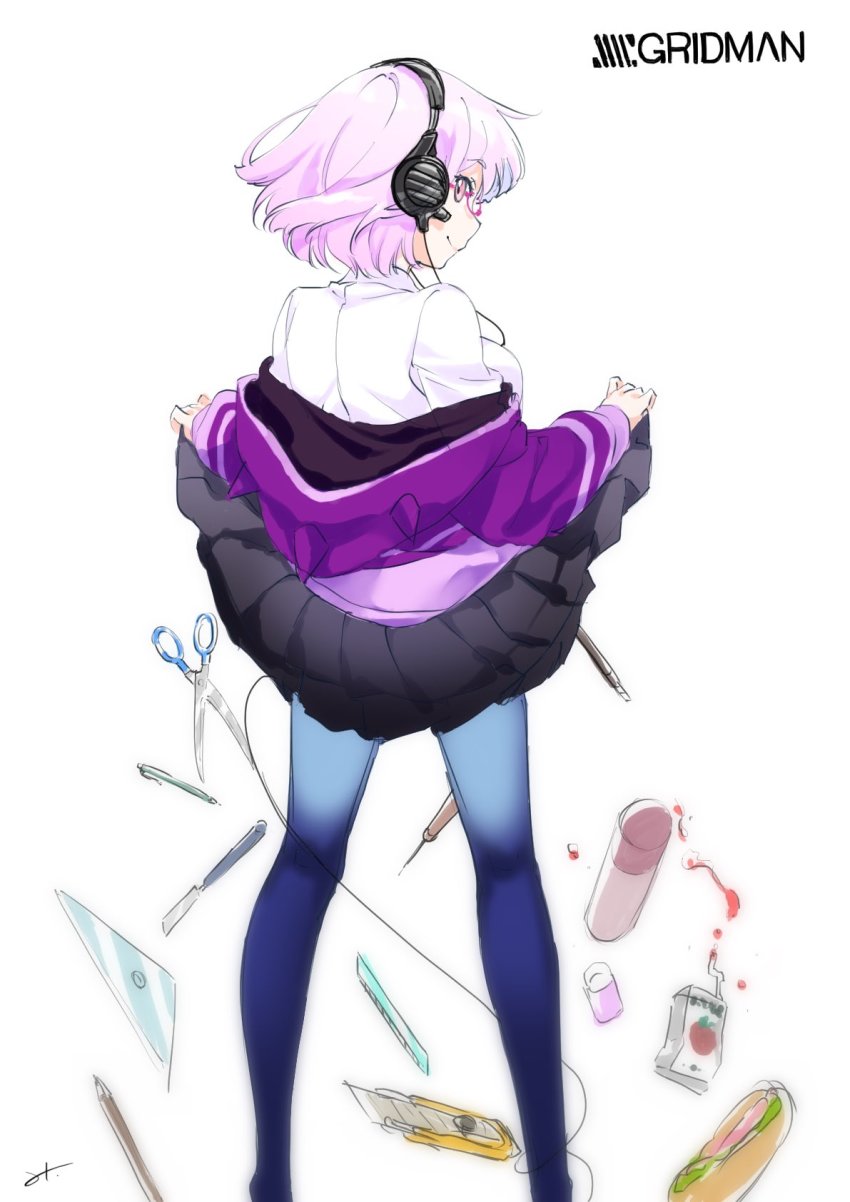 1girl, bakemonogatari, black_skirt, boxcutter, chisel, clothes_lift, copyright_name, drink