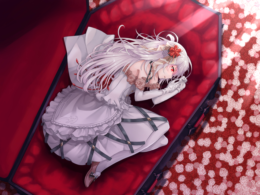 1girl, absurdres, bad_id, bad_pixiv_id, coffin, dress, elbow_gloves, far_is_a, female_focus, fetal_position, flower, from_above, gloves, glowing, glowing_eyes, hair_ornament, hair_ribbon, highres, jane_(king's_raid), king's_raid, layered_dress, long_hair, looking_to_the_side, lying, on_side, pantyhose, parted_lips, pink_flower, pink_rose, pink_shoes, red_eyes, red_flower, red_rose, ribbon, rose, shoes, sideways_mouth, silver_hair, solo, strapless, strapless_dress, underbust, very_long_hair, wedding_dress, white_dress, white_flower, white_gloves, white_pantyhose, white_rose