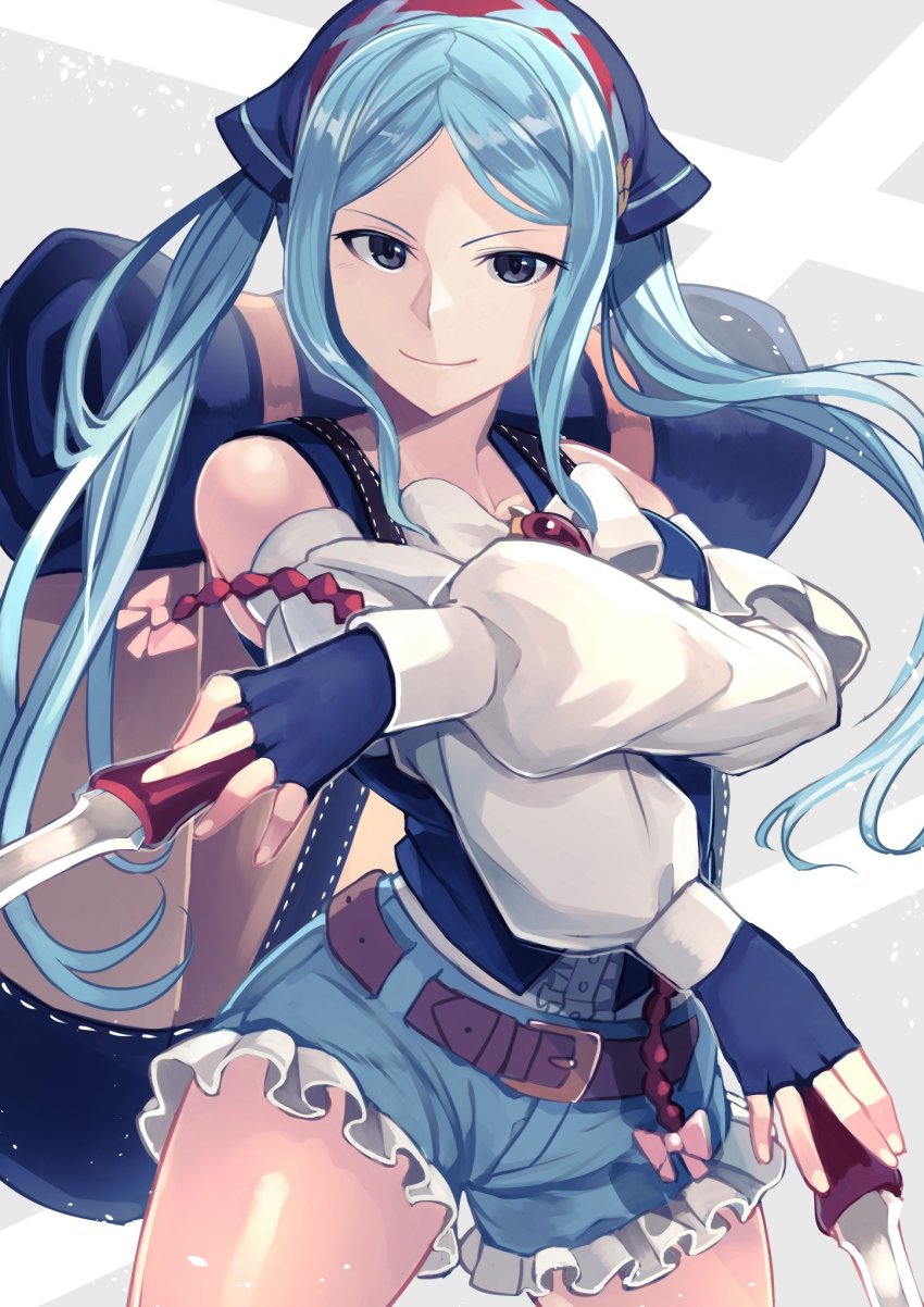 1girl, backpack, bag, bandana, belt, black_gloves, blue_hair, closed_mouth, dagger, female_focus, fingerless_gloves, fire_emblem, fire_emblem_fates, fire_emblem_heroes, flora_(fire_emblem), flora_(picnic)_(fire_emblem), frills, gloves, grey_eyes, highres, holding, holding_dagger, holding_knife, holding_weapon, knife, long_sleeves, nakabayashi_zun, nintendo, shorts, smile, solo, twintails, weapon