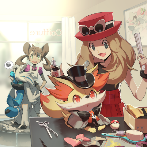 2girls, :d, black_headwear, black_shirt, bracelet, brown_hair, brush, dark-skinned_female, dark_skin, e_volution, eyewear_on_head, fennekin, floating_hair, furfrou, furfrou_(natural), furfrou_(pharaoh), gardevoir, gen_3_pokemon, gen_6_pokemon, green_eyes, hat, holding, indoors, jewelry, long_hair, lowres, multiple_girls, nintendo, open_mouth, overalls, pink_shirt, poke_ball, poke_ball_(basic), pokemon, pokemon_(creature), pokemon_x_and_y, red_headwear, red_skirt, scissors, serena_(pokemon), shauna_(pokemon), shirt, short_sleeves, skirt, sleeveless, sleeveless_shirt, smile, standing, sunglasses, twintails, wavy_mouth, white-framed_eyewear, white_overalls