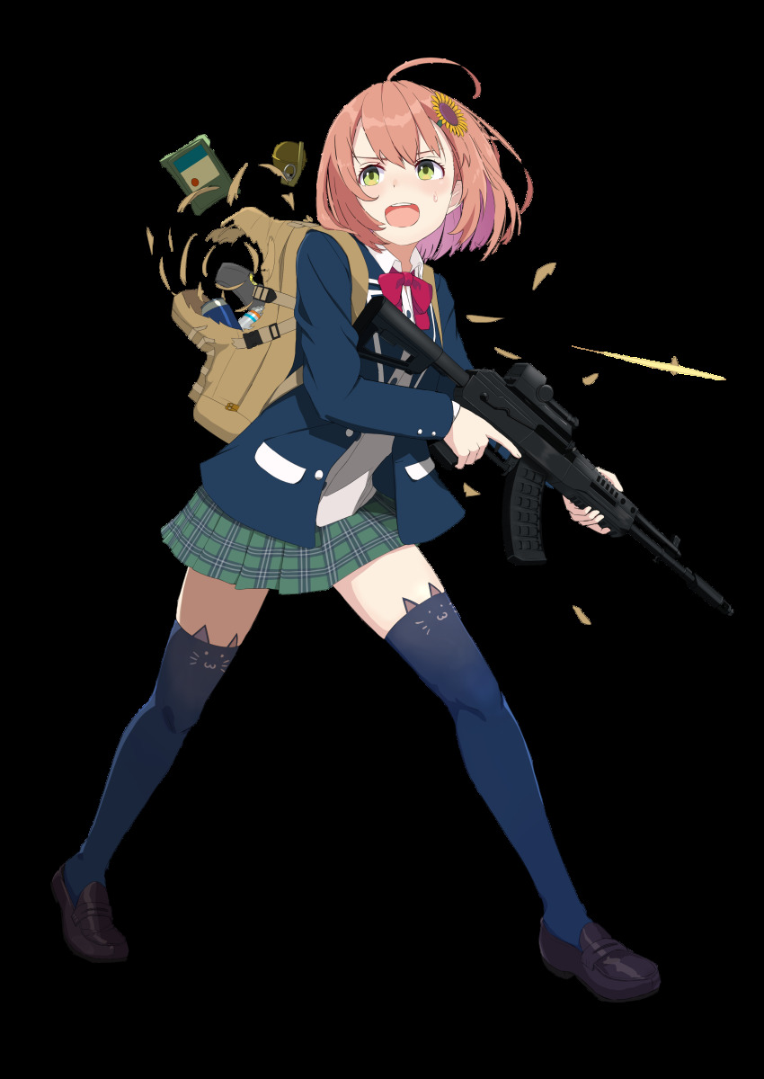 1girl, absurdres, ahoge, ak-15, animal_ear_legwear, assault_rifle, blazer, cat_ear_legwear