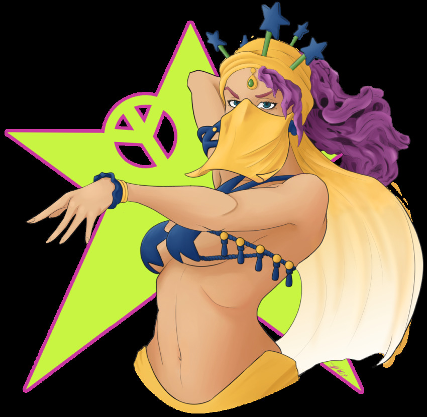 1girl, earrings, female_focus, headdress, jewelry, jjba, jojo_no_kimyou_na_bouken, midler, pasties, simple_background, solo, star_(symbol), star_pasties, veil, wrist_cuffs