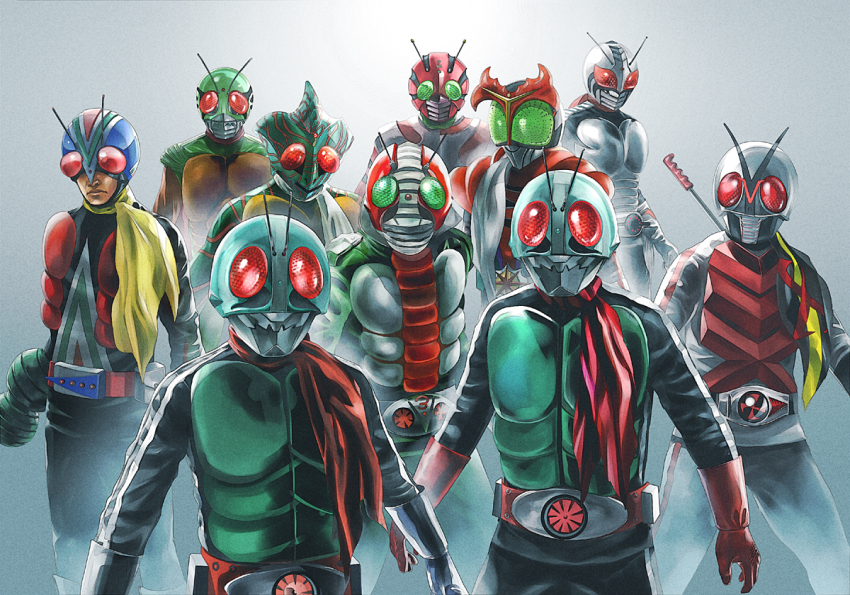 6+boys, bad_id, bad_pixiv_id, belt, everyone, helmet, kamen_rider, kamen_rider_(1st_series)
